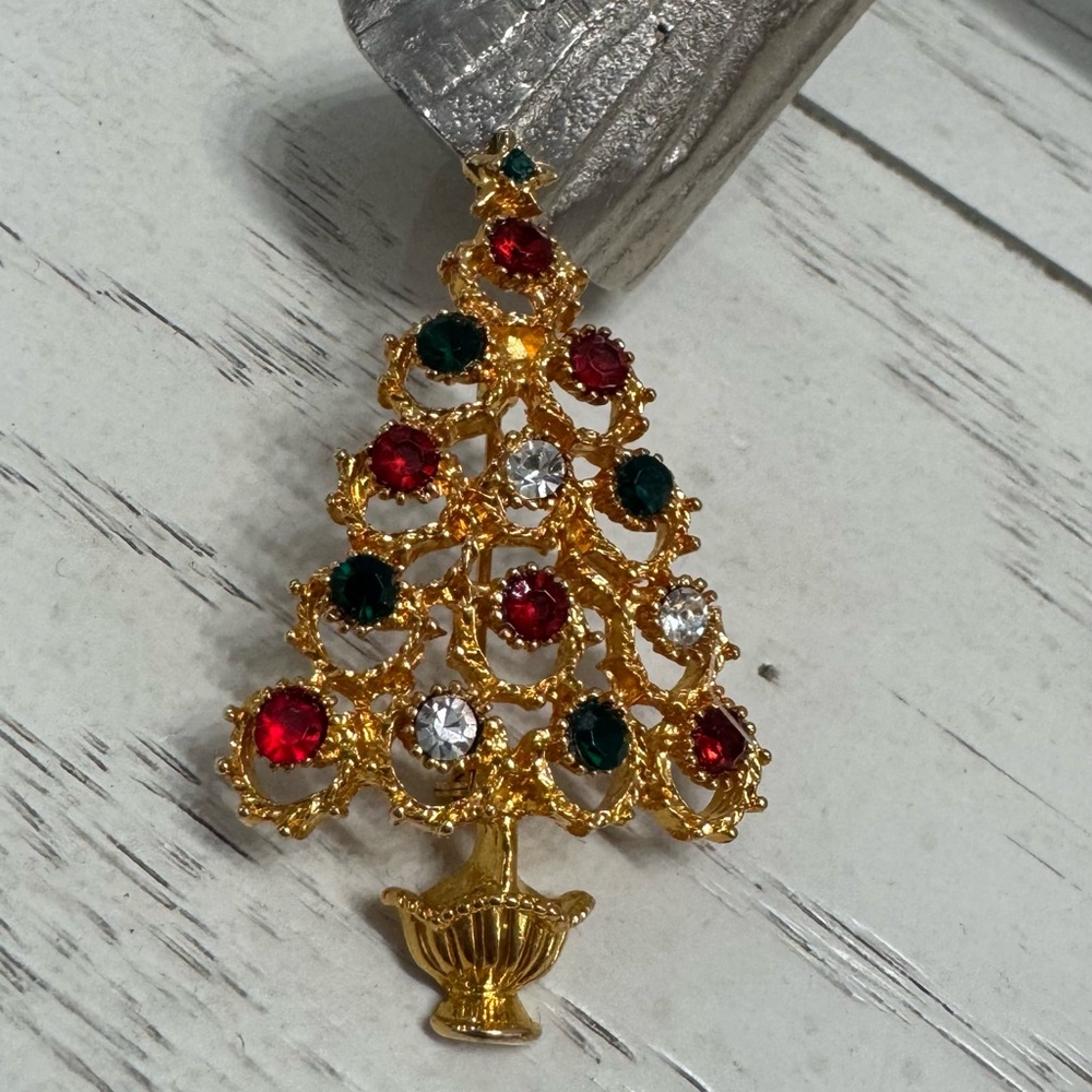 Christopher Radko Gold Christmas Tree Brooch with Red and Green Jewels